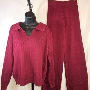 Burgandy Collard V Neck Knit Pantsuit